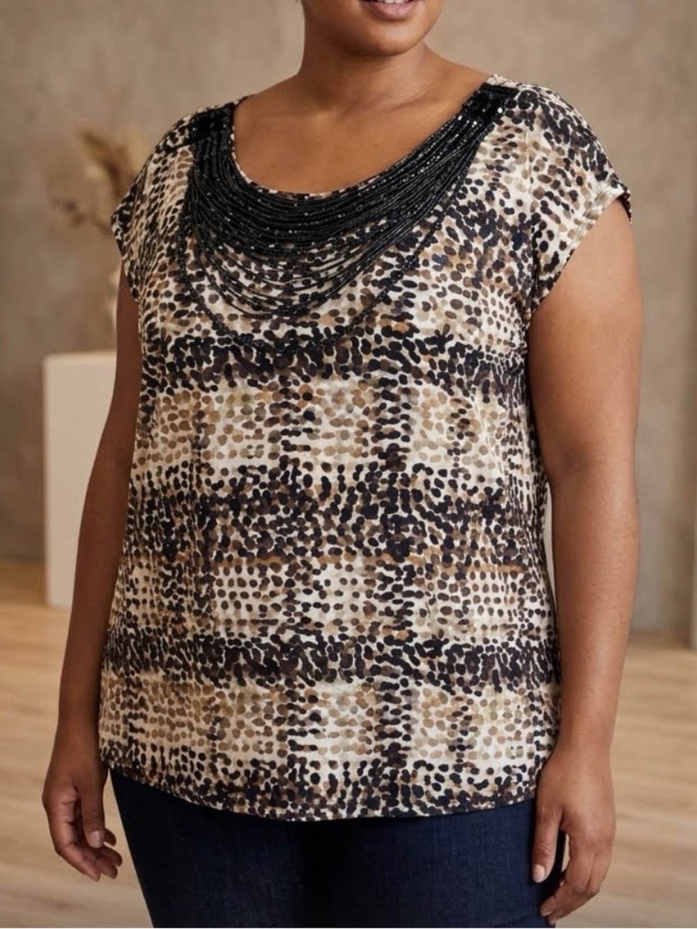 Vintage Cato Animal-Print Scoop Neck Top Attached Beaded Neck 18/20W Y2K Style